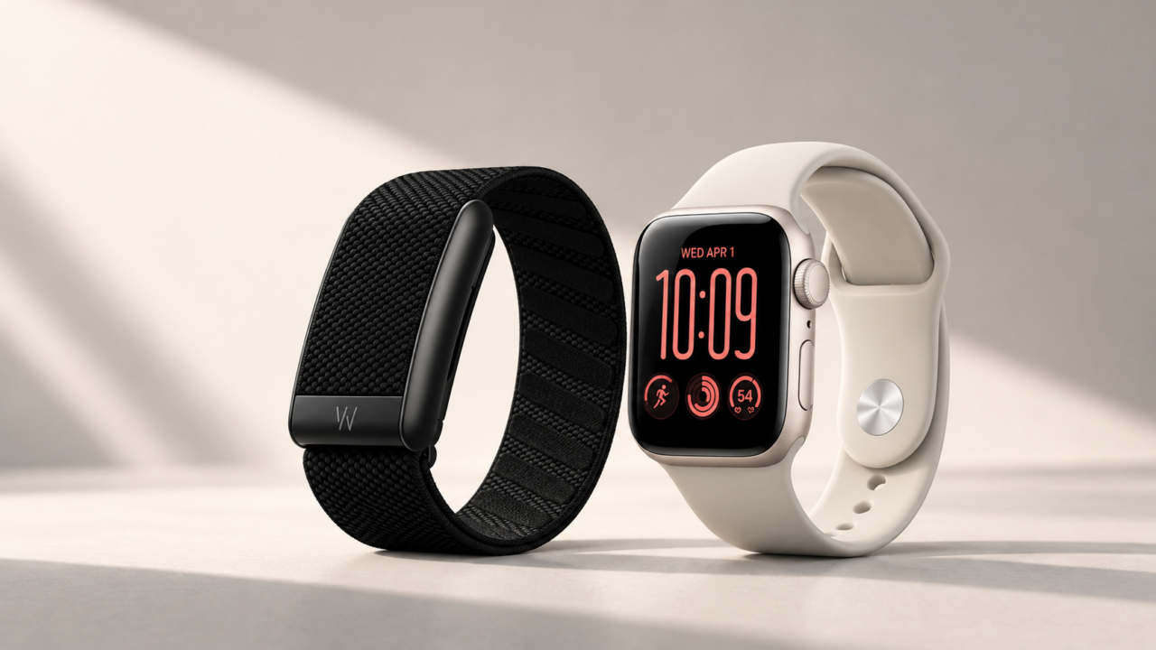 Schwarzes Whoop-Fitnessarmband ohne Display neben einer Apple Watch mit hellem Armband auf schlichtem, neutralem Hintergrund.