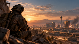 Soldat blickt auf eine von Las Vegas inspirierte Wüstenstadt als Symbolbild für Battlefield 6, Season 5 und den Einstieg über den Game Pass.