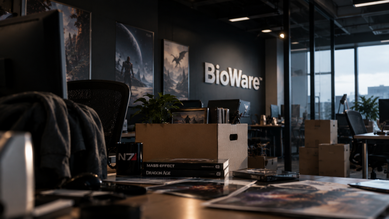 Symbolbild eines verlassenen BioWare-Entwicklerstudios mit leeren Arbeitsplätzen, Umzugskartons und dem BioWare-Logo im Hintergrund.