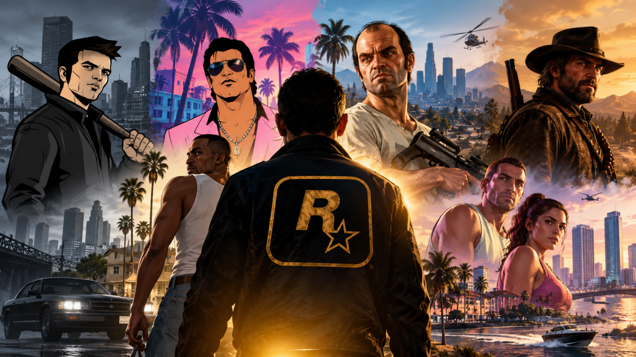 Collage zur Geschichte von Rockstar Games mit Motiven aus GTA, Red Dead Redemption und verschiedenen Rockstar-Spielwelten.