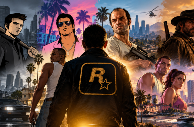 Collage zur Geschichte von Rockstar Games mit Motiven aus GTA, Red Dead Redemption und verschiedenen Rockstar-Spielwelten.