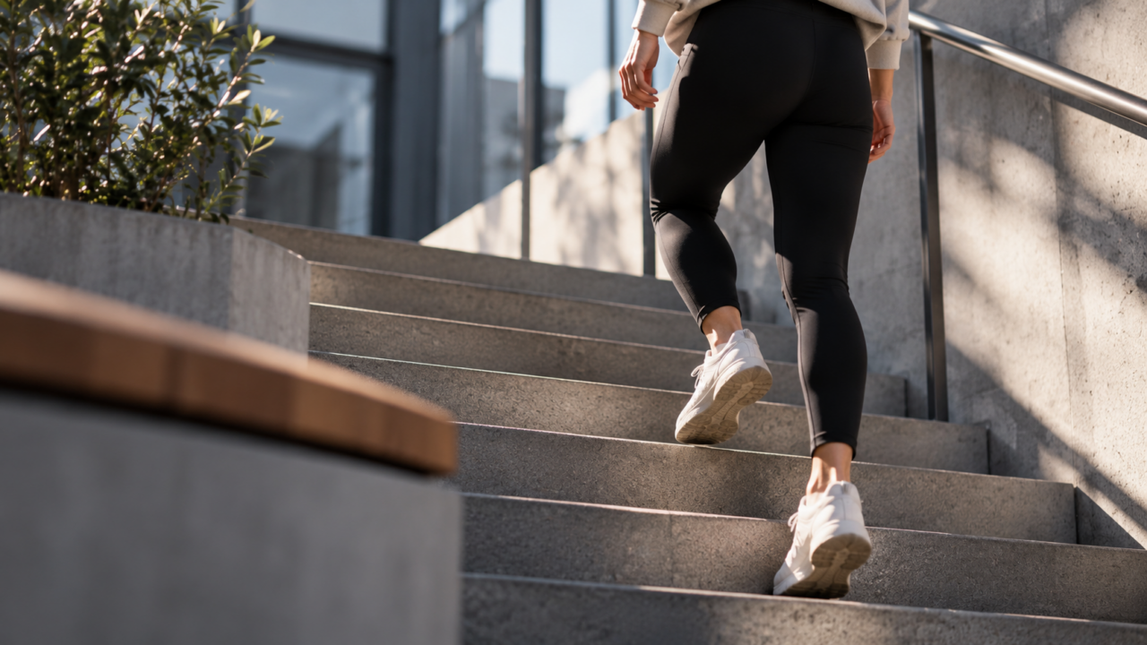 Person steigt zügig eine Treppe hinauf und integriert kurze Bewegung in den Alltag.