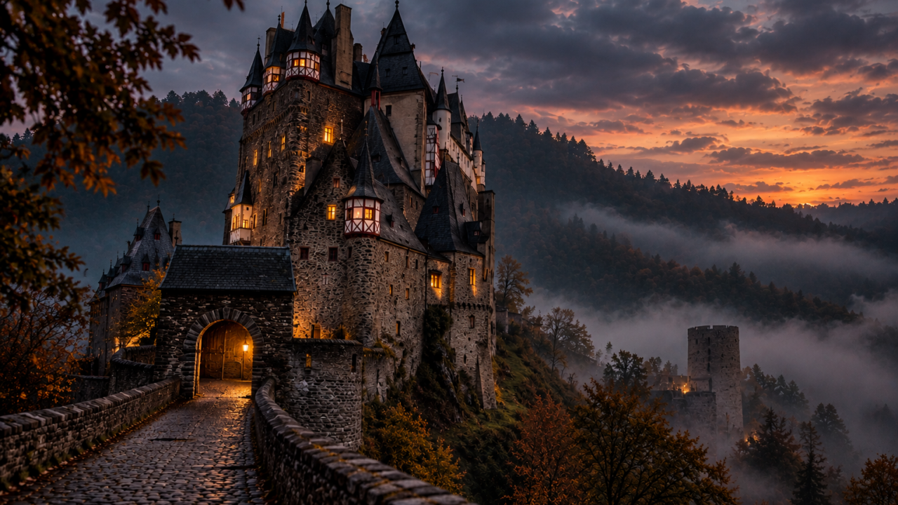 Mittelalterliche Burg mit beleuchteten Fenstern bei Sonnenuntergang, umgeben von herbstlichen Wäldern und Nebel.