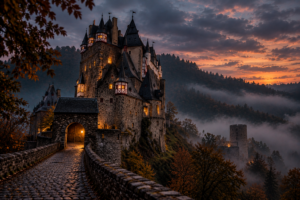 Mittelalterliche Burg mit beleuchteten Fenstern bei Sonnenuntergang, umgeben von herbstlichen Wäldern und Nebel.