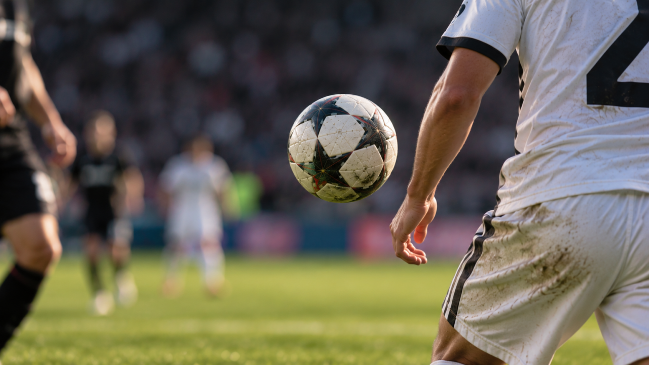 Fußball fliegt im Strafraum knapp am Arm eines Spielers vorbei – Symbolbild zur Handspielregel und möglichen Elfmeter-Entscheidung.