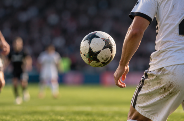 Fußball fliegt im Strafraum knapp am Arm eines Spielers vorbei – Symbolbild zur Handspielregel und möglichen Elfmeter-Entscheidung.