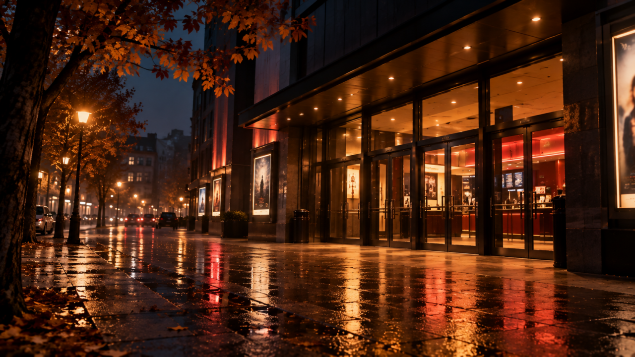 Beleuchteter Kinoeingang bei Nacht mit nasser Straße und herbstlicher Oktoberstimmung