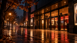 Beleuchteter Kinoeingang bei Nacht mit nasser Straße und herbstlicher Oktoberstimmung