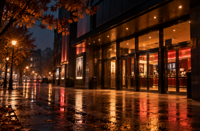Beleuchteter Kinoeingang bei Nacht mit nasser Straße und herbstlicher Oktoberstimmung
