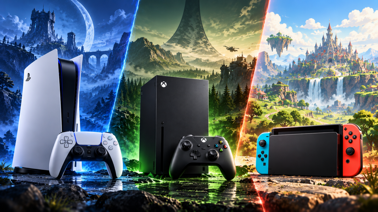 PlayStation 5, Xbox Series X und Nintendo Switch 2 in drei getrennten Gaming-Welten als Symbolbild für den Konsolenkrieg 2026.