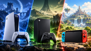 PlayStation 5, Xbox Series X und Nintendo Switch 2 in drei getrennten Gaming-Welten als Symbolbild für den Konsolenkrieg 2026.