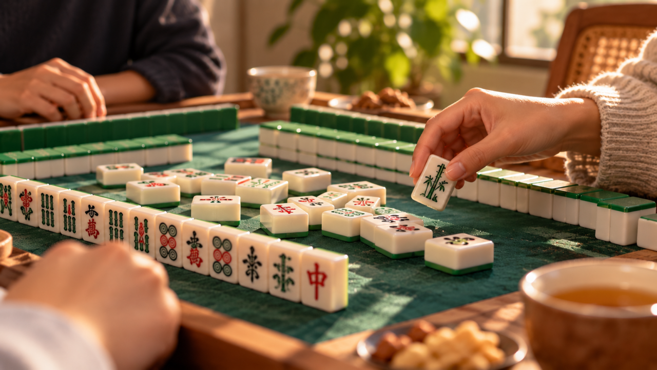 Mehrere Personen spielen gemeinsam Mahjong an einem Tisch und legen traditionelle Mahjong-Steine ab.