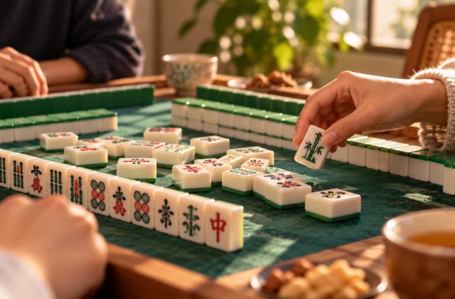 Mehrere Personen spielen gemeinsam Mahjong an einem Tisch und legen traditionelle Mahjong-Steine ab.