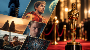 Collage mit Motiven aus Die Odyssee, Project Hail Mary, Dune: Part Three, Primetime, Wild Horse Nine und Artificial neben einer goldenen Oscar-Statue.