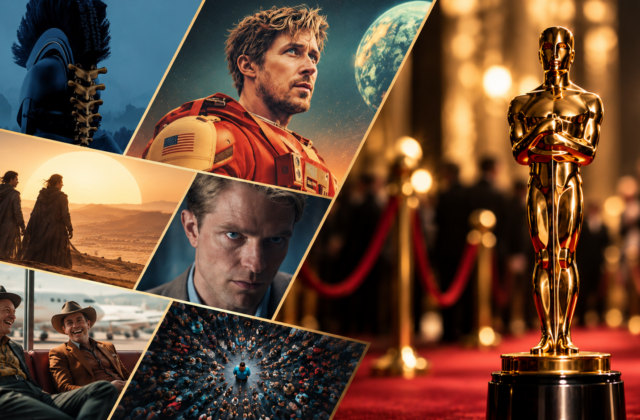 Collage mit Motiven aus Die Odyssee, Project Hail Mary, Dune: Part Three, Primetime, Wild Horse Nine und Artificial neben einer goldenen Oscar-Statue.