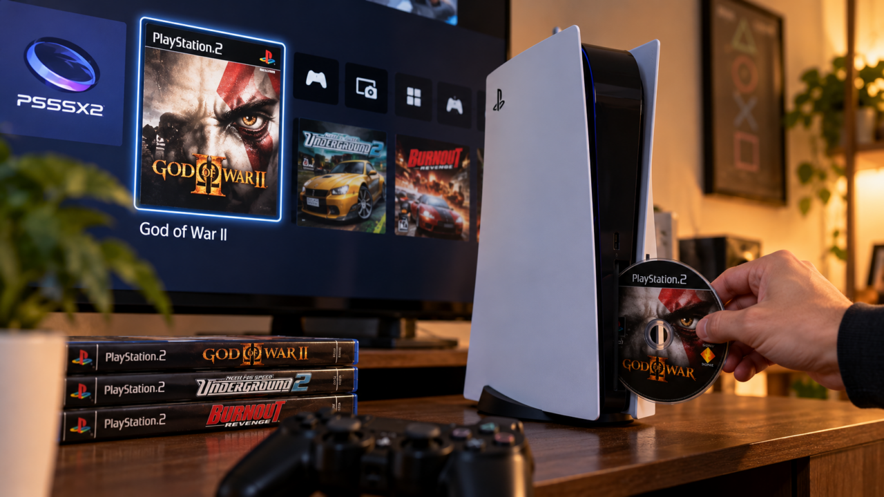 PlayStation 5 mit eingelegter God of War II-Disc, während auf dem Fernseher PS2-Spiele über den Emulator PS5SX2 angezeigt werden.