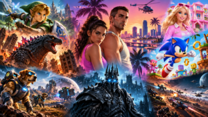 Collage der Spiele-Highlights im November 2026 mit Figuren aus GTA 6, Zelda, Sonic, Barbie und Godzilla sowie weiteren Gaming-Neuerscheinungen.