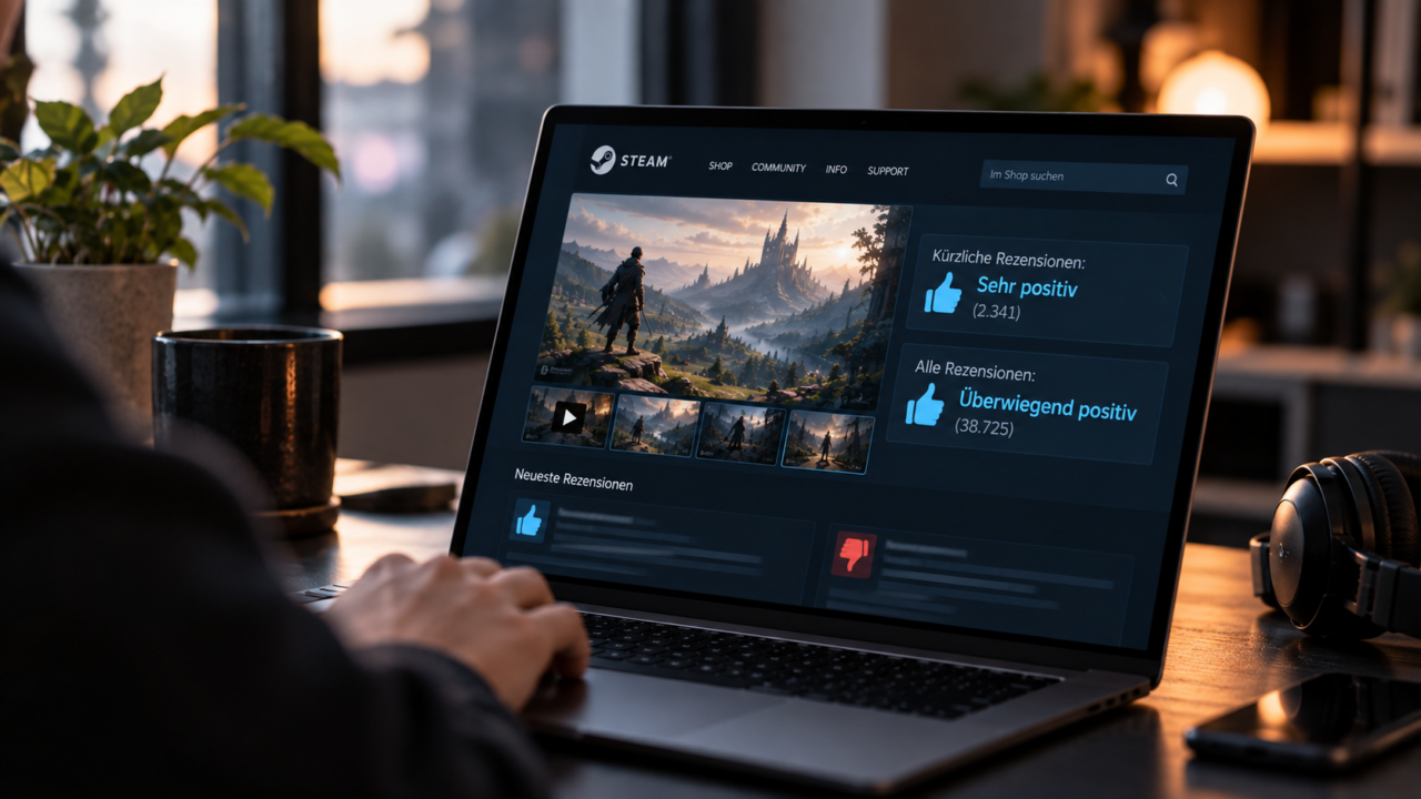 Person prüft auf einem Laptop die aktuellen und gesamten Steam-Bewertungen eines Spiels.