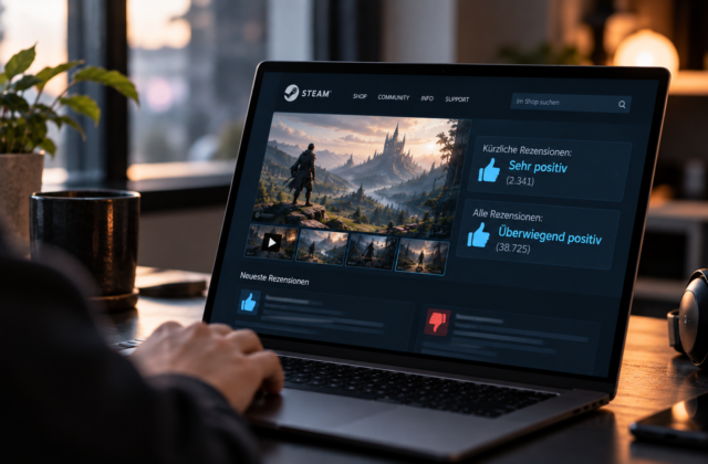 Person prüft auf einem Laptop die aktuellen und gesamten Steam-Bewertungen eines Spiels.