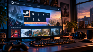 Gaming-PC mit geöffnetem Steam Next Fest 2026 auf dem Monitor, verschiedenen Spiele-Demos und Gaming-Zubehör auf dem Schreibtisch.