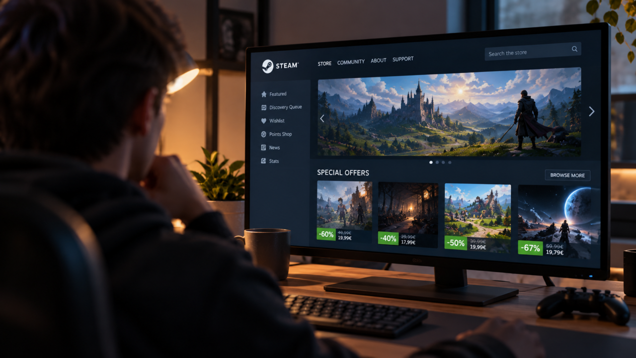 Steam-Store mit personalisierten Rabattangeboten für verschiedene Spiele auf einem Monitor.