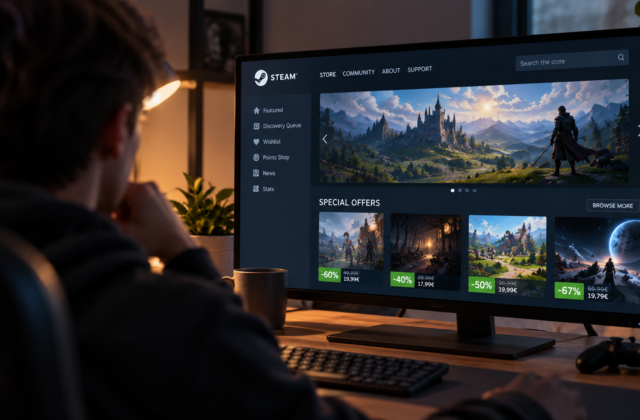 Steam-Store mit personalisierten Rabattangeboten für verschiedene Spiele auf einem Monitor.