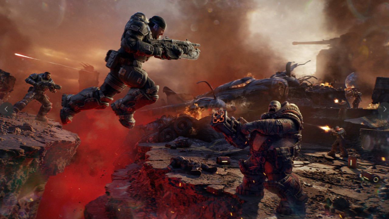 Kampfszene aus Gears of War: E-Day mit zwei schwer gepanzerten Figuren in einer zerstörten Umgebung.