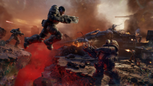 Kampfszene aus Gears of War: E-Day mit zwei schwer gepanzerten Figuren in einer zerstörten Umgebung.