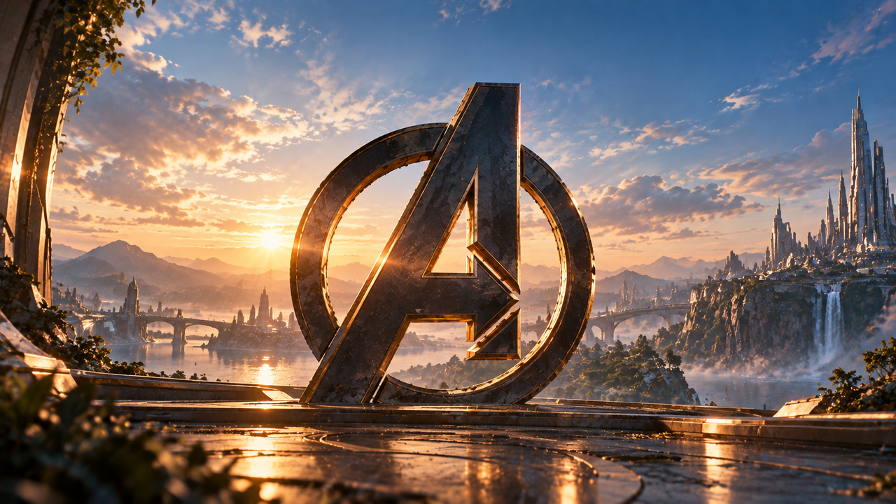 Großes metallisches Avengers-Symbol vor einer futuristischen Landschaft mit Bergen, Wasserfällen und Sonnenuntergang.